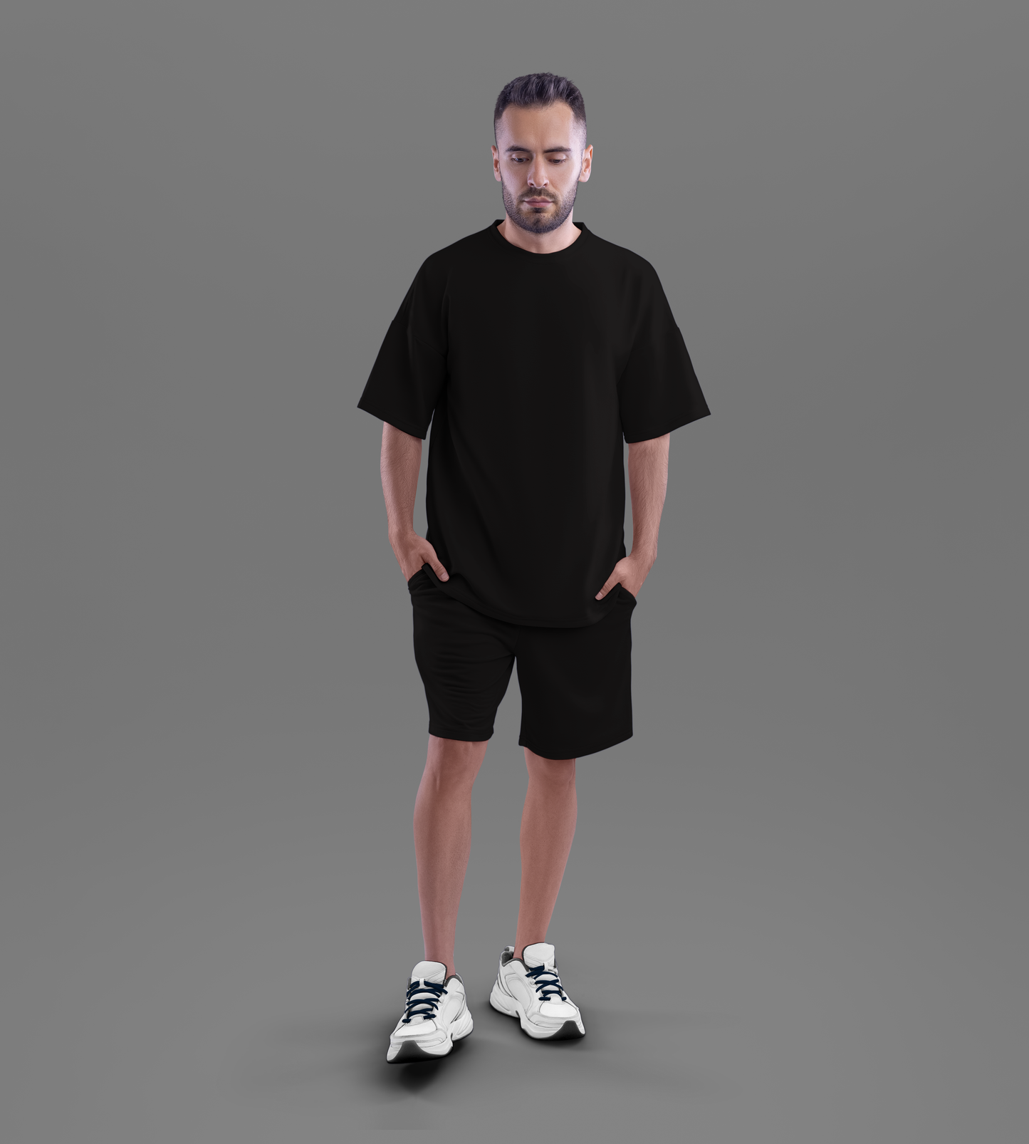 Oversized T-shirt & Shorts Set (Midnight Black) #080