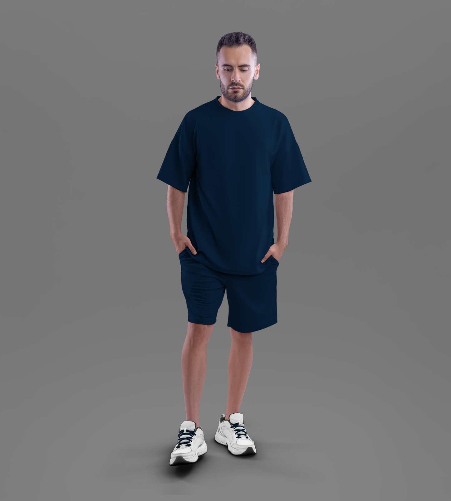 Oversized T-shirt & Shorts Set (Navy Blue) #081